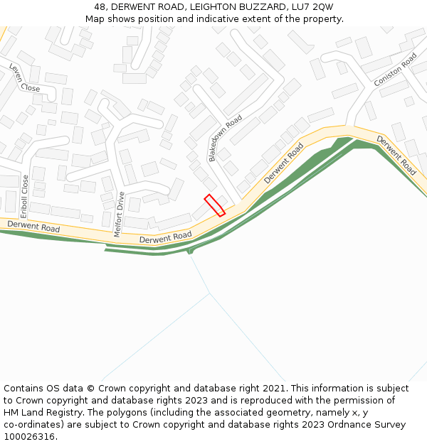 48, DERWENT ROAD, LEIGHTON BUZZARD, LU7 2QW: Location map and indicative extent of plot