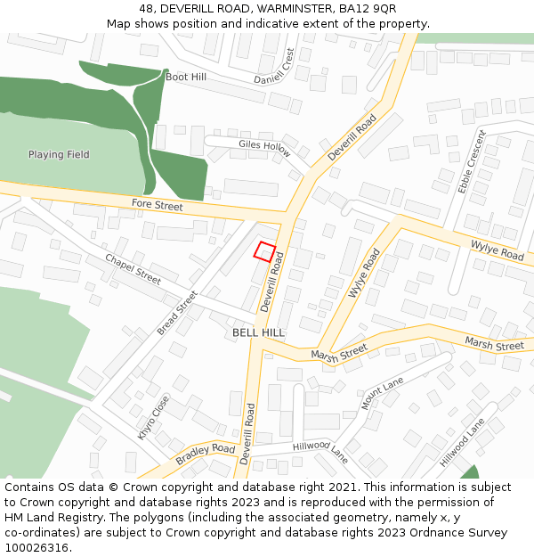 48, DEVERILL ROAD, WARMINSTER, BA12 9QR: Location map and indicative extent of plot