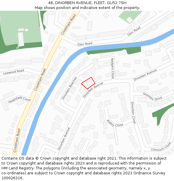48, DINORBEN AVENUE, FLEET, GU52 7SH: Location map and indicative extent of plot