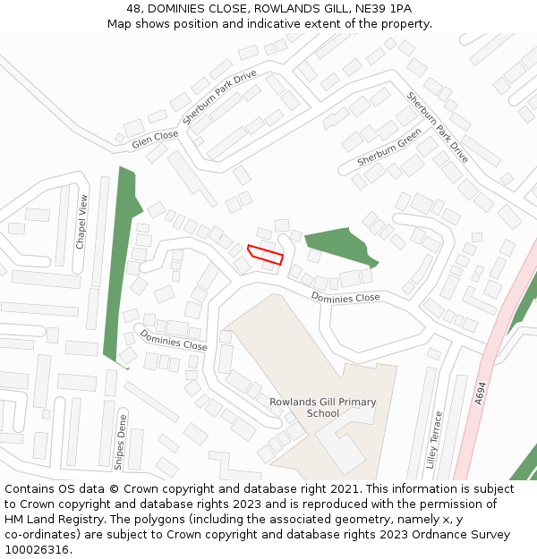 48, DOMINIES CLOSE, ROWLANDS GILL, NE39 1PA: Location map and indicative extent of plot