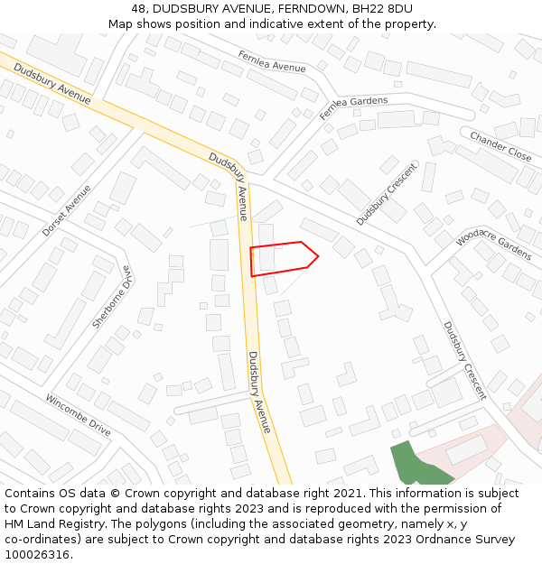 48, DUDSBURY AVENUE, FERNDOWN, BH22 8DU: Location map and indicative extent of plot