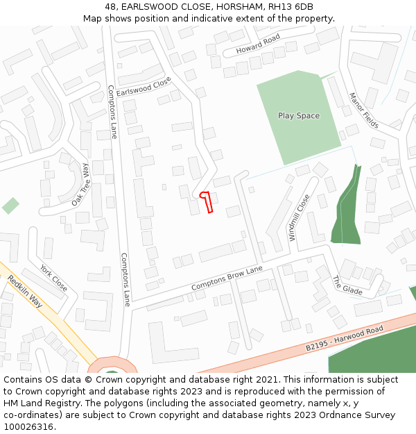 48, EARLSWOOD CLOSE, HORSHAM, RH13 6DB: Location map and indicative extent of plot