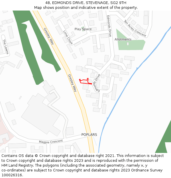 48, EDMONDS DRIVE, STEVENAGE, SG2 9TH: Location map and indicative extent of plot