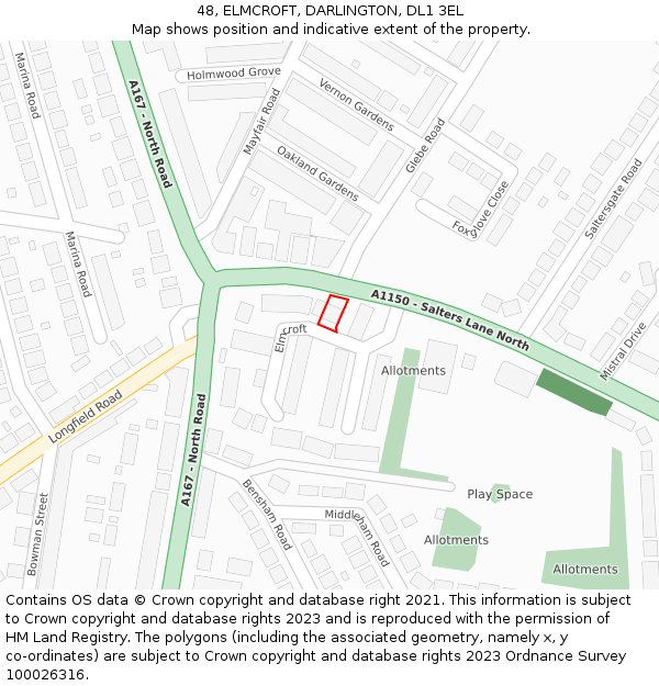 48, ELMCROFT, DARLINGTON, DL1 3EL: Location map and indicative extent of plot