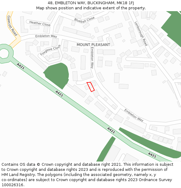 48, EMBLETON WAY, BUCKINGHAM, MK18 1FJ: Location map and indicative extent of plot
