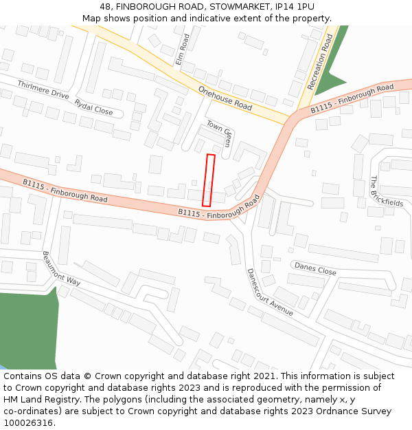 48, FINBOROUGH ROAD, STOWMARKET, IP14 1PU: Location map and indicative extent of plot