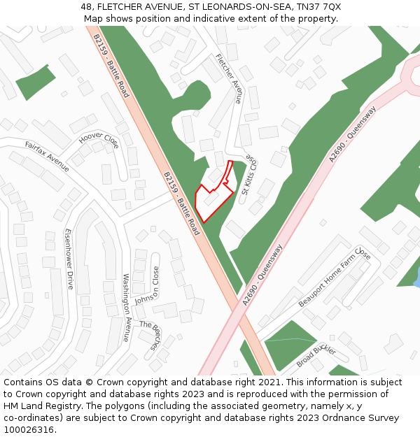 48, FLETCHER AVENUE, ST LEONARDS-ON-SEA, TN37 7QX: Location map and indicative extent of plot