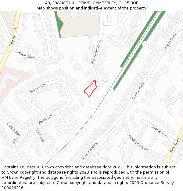 48, FRANCE HILL DRIVE, CAMBERLEY, GU15 3QE: Location map and indicative extent of plot