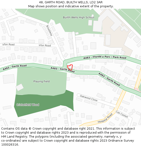 48, GARTH ROAD, BUILTH WELLS, LD2 3AR: Location map and indicative extent of plot