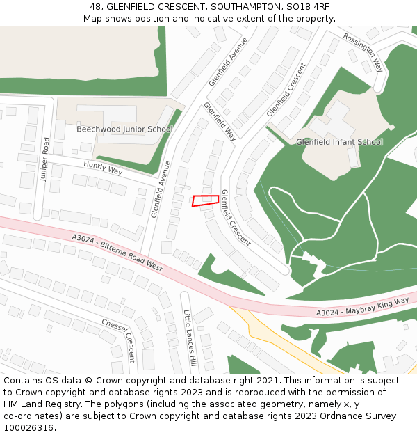 48, GLENFIELD CRESCENT, SOUTHAMPTON, SO18 4RF: Location map and indicative extent of plot