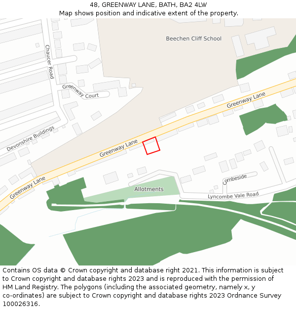 48, GREENWAY LANE, BATH, BA2 4LW: Location map and indicative extent of plot