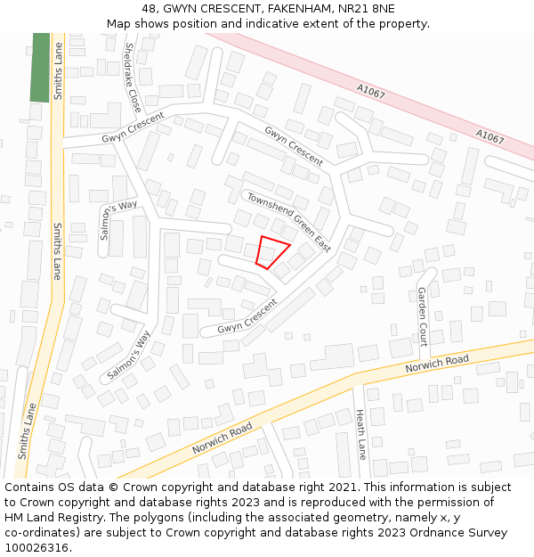 48, GWYN CRESCENT, FAKENHAM, NR21 8NE: Location map and indicative extent of plot