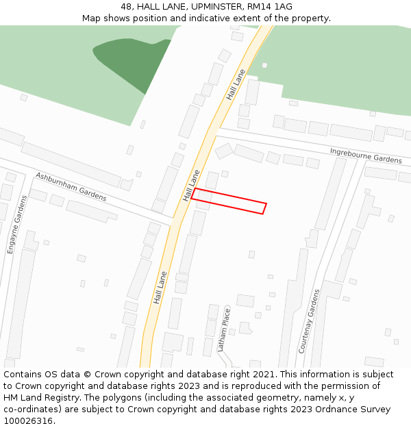 48, HALL LANE, UPMINSTER, RM14 1AG: Location map and indicative extent of plot