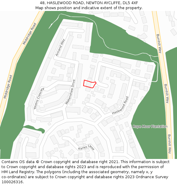 48, HASLEWOOD ROAD, NEWTON AYCLIFFE, DL5 4XF: Location map and indicative extent of plot
