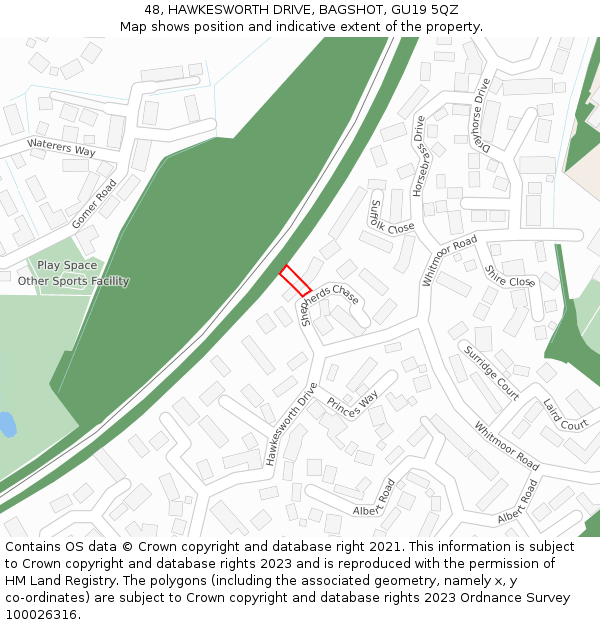 48, HAWKESWORTH DRIVE, BAGSHOT, GU19 5QZ: Location map and indicative extent of plot