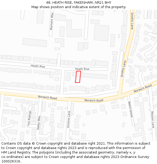 48, HEATH RISE, FAKENHAM, NR21 8HY: Location map and indicative extent of plot