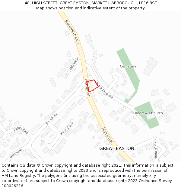 48, HIGH STREET, GREAT EASTON, MARKET HARBOROUGH, LE16 8ST: Location map and indicative extent of plot
