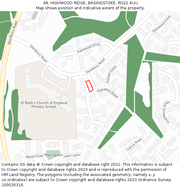48, HIGHWOOD RIDGE, BASINGSTOKE, RG22 4UU: Location map and indicative extent of plot