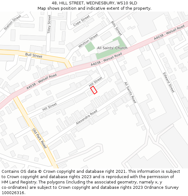 48, HILL STREET, WEDNESBURY, WS10 9LD: Location map and indicative extent of plot