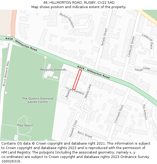 48, HILLMORTON ROAD, RUGBY, CV22 5AD: Location map and indicative extent of plot