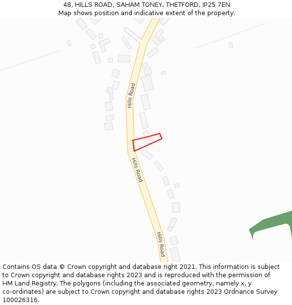 48, HILLS ROAD, SAHAM TONEY, THETFORD, IP25 7EN: Location map and indicative extent of plot