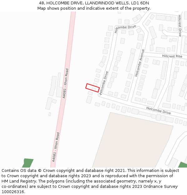 48, HOLCOMBE DRIVE, LLANDRINDOD WELLS, LD1 6DN: Location map and indicative extent of plot