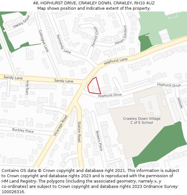 48, HOPHURST DRIVE, CRAWLEY DOWN, CRAWLEY, RH10 4UZ: Location map and indicative extent of plot