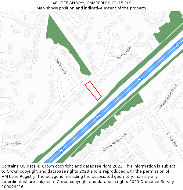 48, IBERIAN WAY, CAMBERLEY, GU15 1LY: Location map and indicative extent of plot