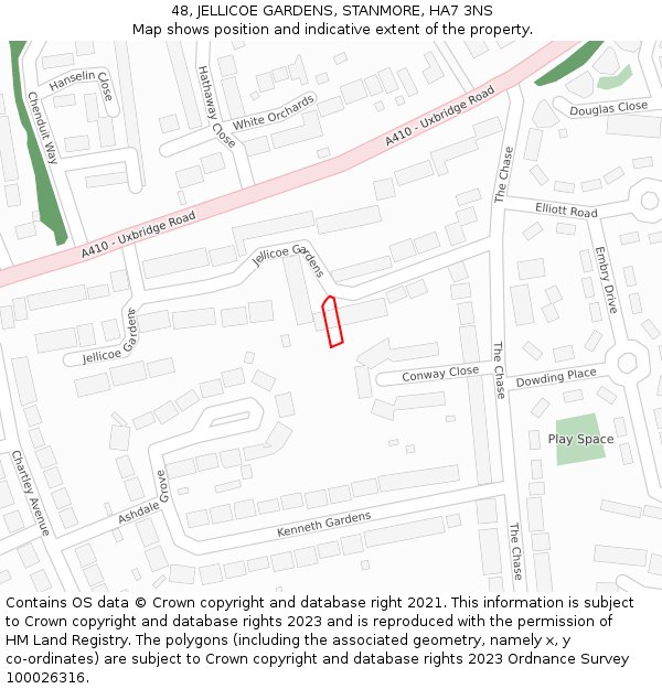 48, JELLICOE GARDENS, STANMORE, HA7 3NS: Location map and indicative extent of plot