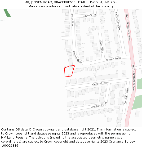 48, JENSEN ROAD, BRACEBRIDGE HEATH, LINCOLN, LN4 2QU: Location map and indicative extent of plot