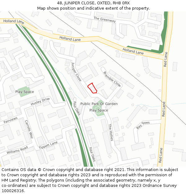 48, JUNIPER CLOSE, OXTED, RH8 0RX: Location map and indicative extent of plot