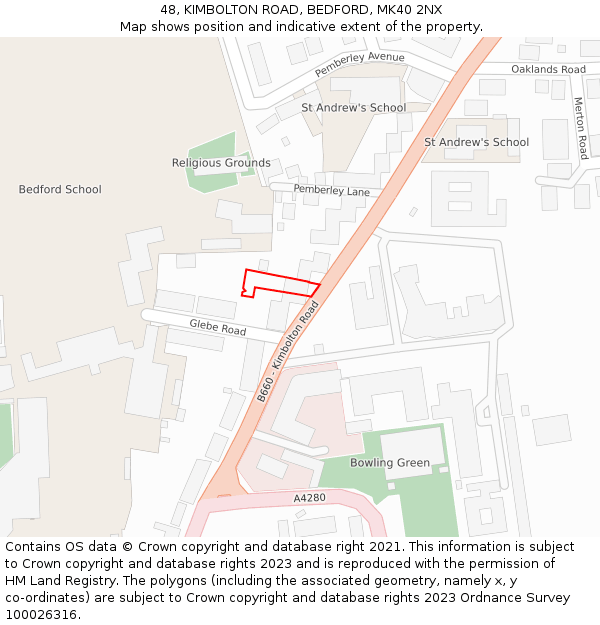 48, KIMBOLTON ROAD, BEDFORD, MK40 2NX: Location map and indicative extent of plot