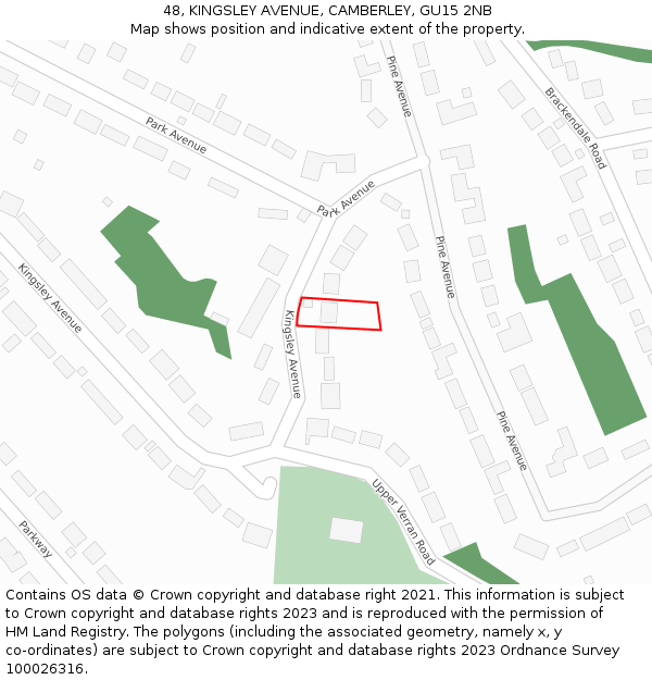 48, KINGSLEY AVENUE, CAMBERLEY, GU15 2NB: Location map and indicative extent of plot