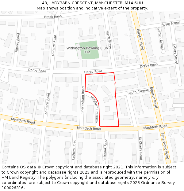 48, LADYBARN CRESCENT, MANCHESTER, M14 6UU: Location map and indicative extent of plot