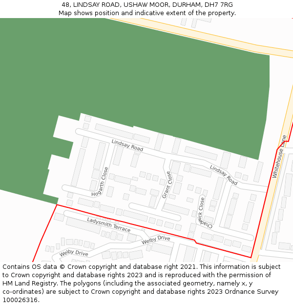 48, LINDSAY ROAD, USHAW MOOR, DURHAM, DH7 7RG: Location map and indicative extent of plot