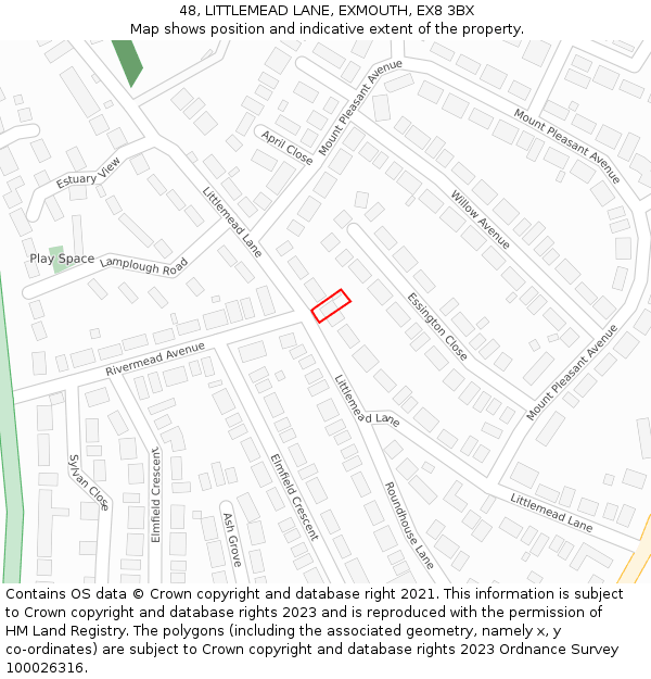 48, LITTLEMEAD LANE, EXMOUTH, EX8 3BX: Location map and indicative extent of plot