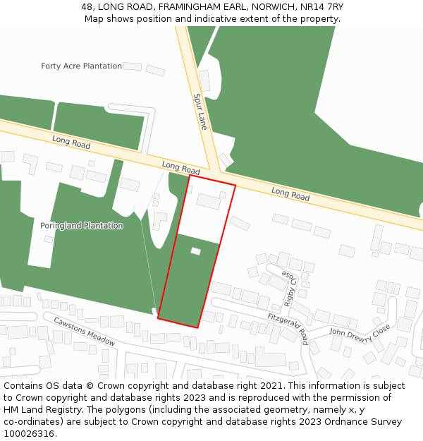 48, LONG ROAD, FRAMINGHAM EARL, NORWICH, NR14 7RY: Location map and indicative extent of plot