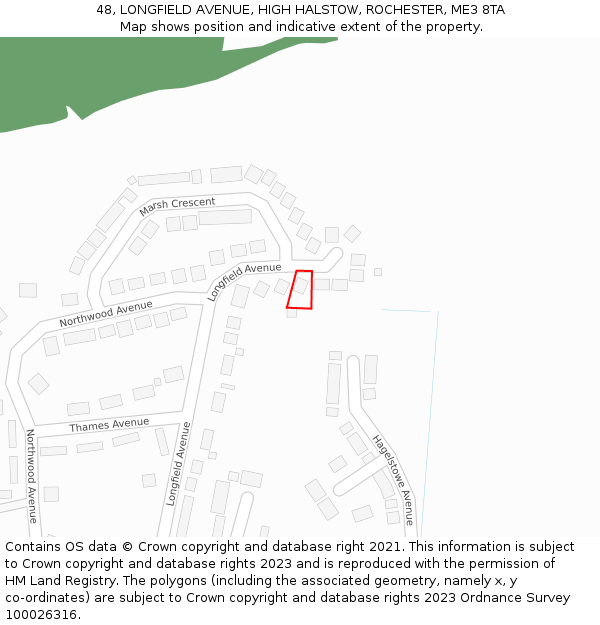 48, LONGFIELD AVENUE, HIGH HALSTOW, ROCHESTER, ME3 8TA: Location map and indicative extent of plot