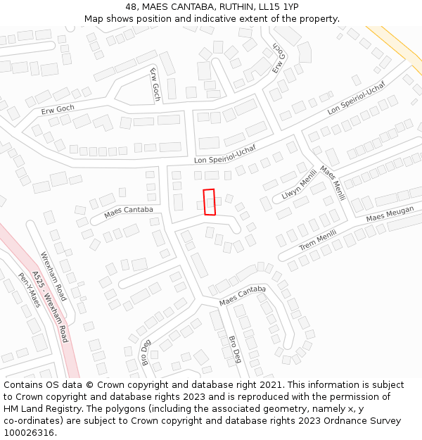 48, MAES CANTABA, RUTHIN, LL15 1YP: Location map and indicative extent of plot