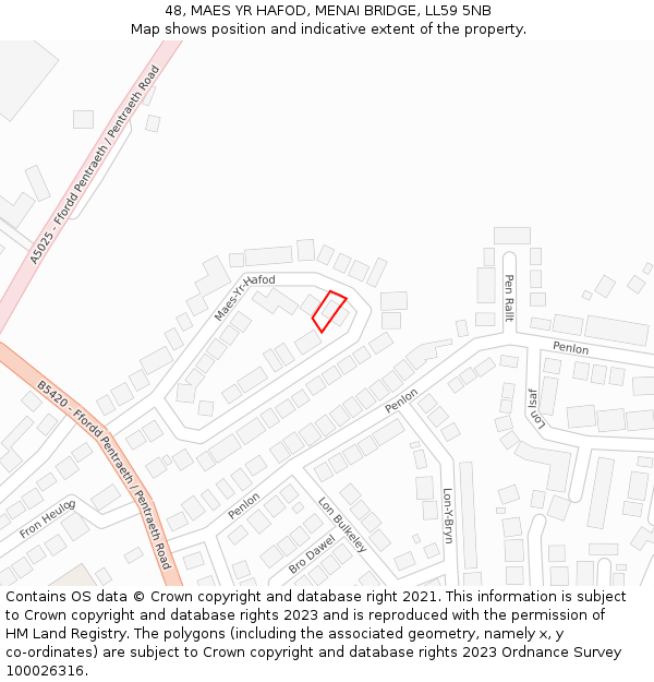 48, MAES YR HAFOD, MENAI BRIDGE, LL59 5NB: Location map and indicative extent of plot