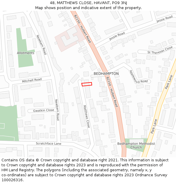 48, MATTHEWS CLOSE, HAVANT, PO9 3NJ: Location map and indicative extent of plot