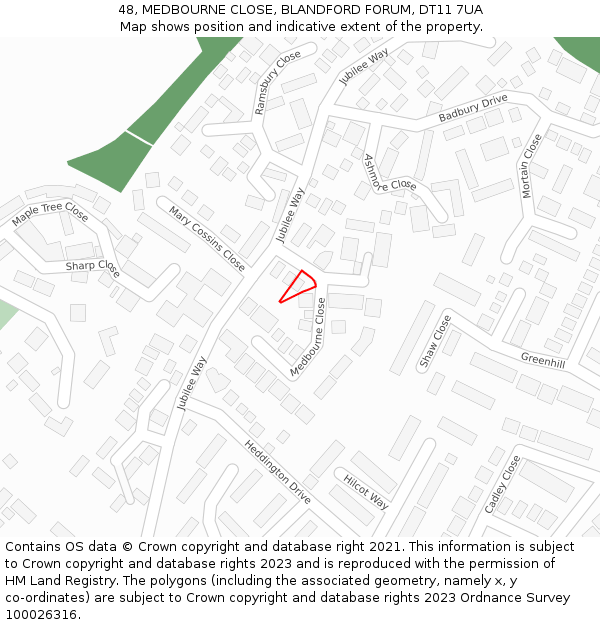 48, MEDBOURNE CLOSE, BLANDFORD FORUM, DT11 7UA: Location map and indicative extent of plot