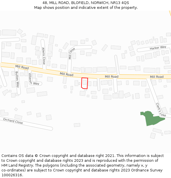 48, MILL ROAD, BLOFIELD, NORWICH, NR13 4QS: Location map and indicative extent of plot