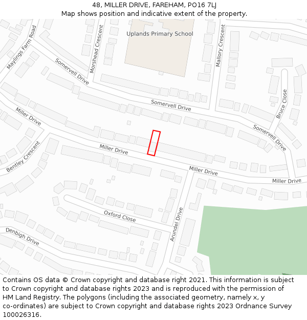 48, MILLER DRIVE, FAREHAM, PO16 7LJ: Location map and indicative extent of plot