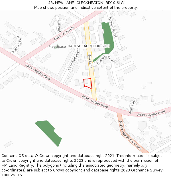 48, NEW LANE, CLECKHEATON, BD19 6LG: Location map and indicative extent of plot