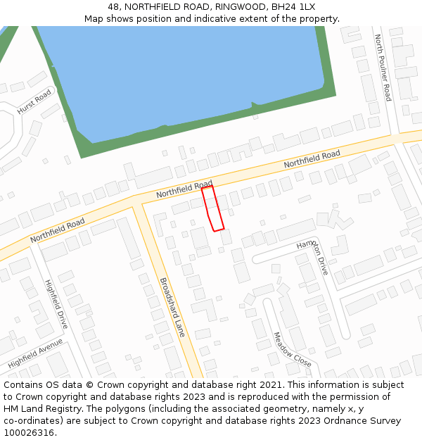 48, NORTHFIELD ROAD, RINGWOOD, BH24 1LX: Location map and indicative extent of plot