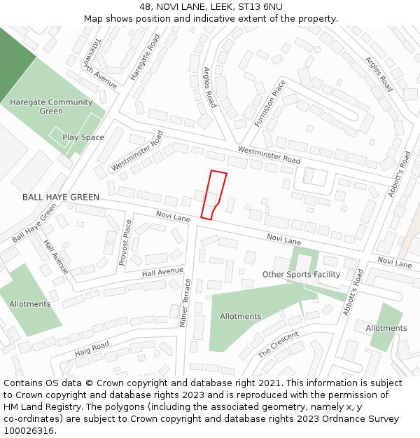 48, NOVI LANE, LEEK, ST13 6NU: Location map and indicative extent of plot