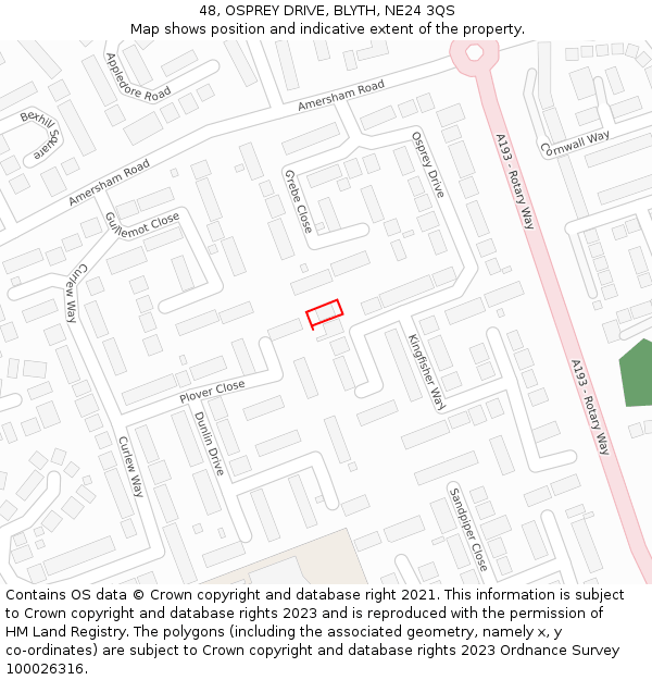 48, OSPREY DRIVE, BLYTH, NE24 3QS: Location map and indicative extent of plot