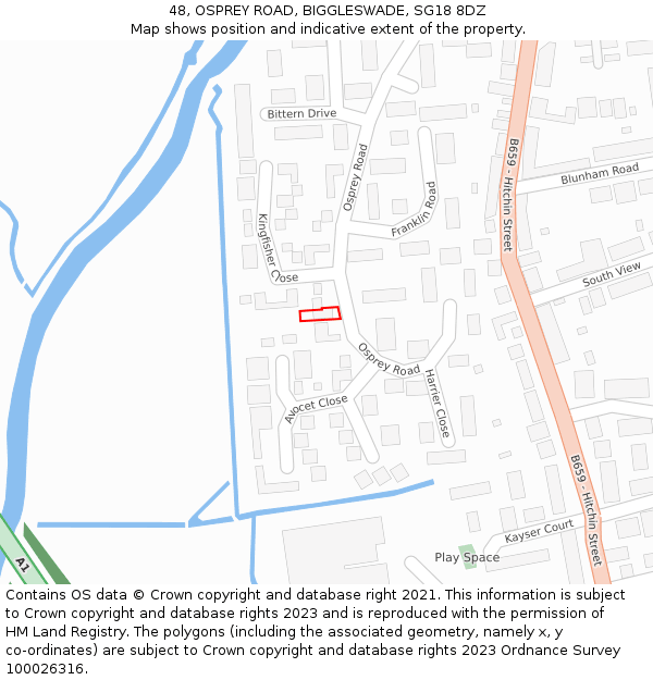 48, OSPREY ROAD, BIGGLESWADE, SG18 8DZ: Location map and indicative extent of plot