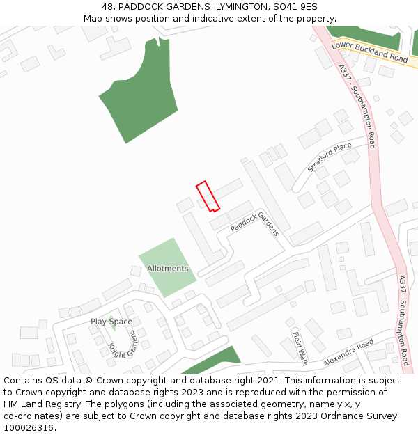 48, PADDOCK GARDENS, LYMINGTON, SO41 9ES: Location map and indicative extent of plot